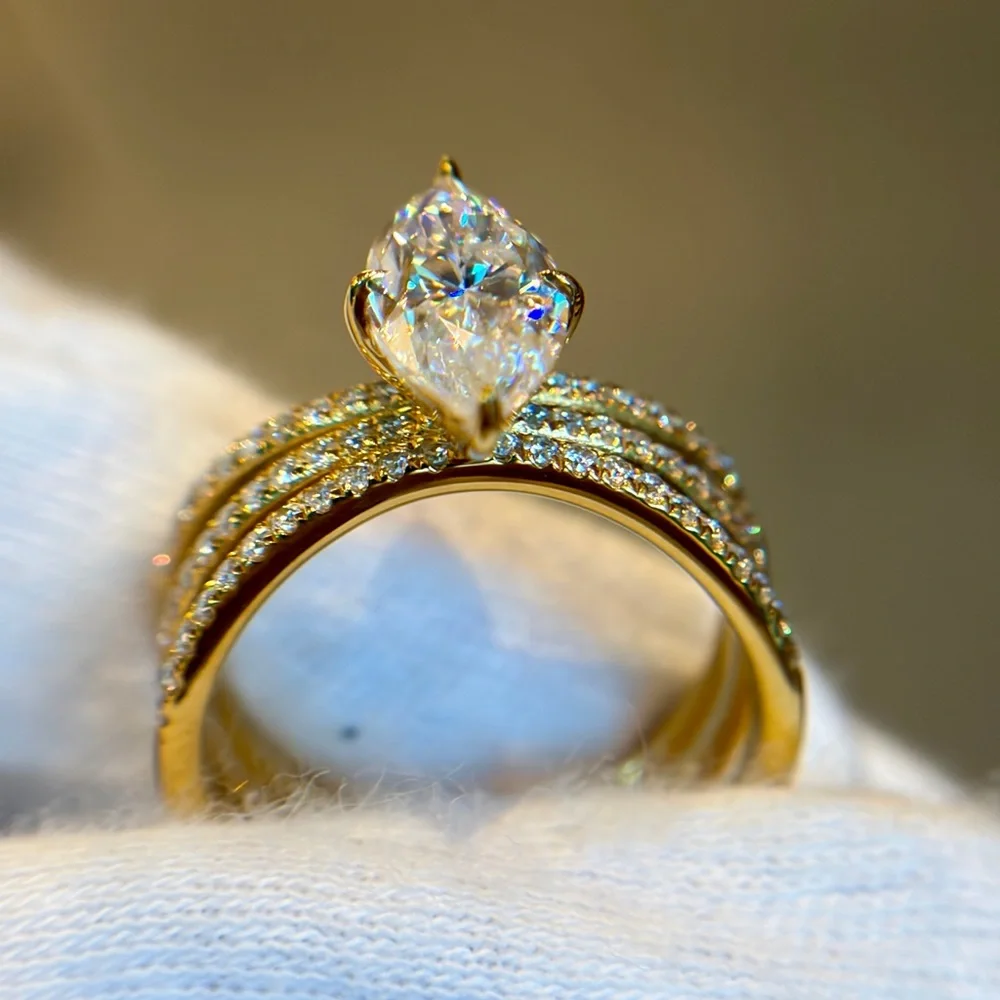New Certified 18K Gold Plated S925 2CT Marquise Moissanite Stacked bridal Ring 7